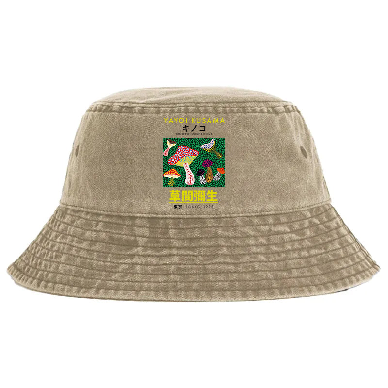 Animescollection Yayoi Kusama Spotted Mushroom Vintage Washed Bucket Hat
