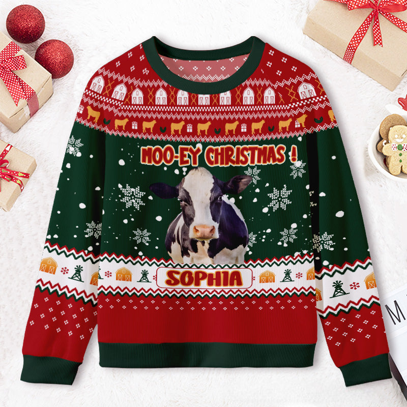 Personalized Cow with Christmas Lights Photo Kids Ugly Christmas Sweater