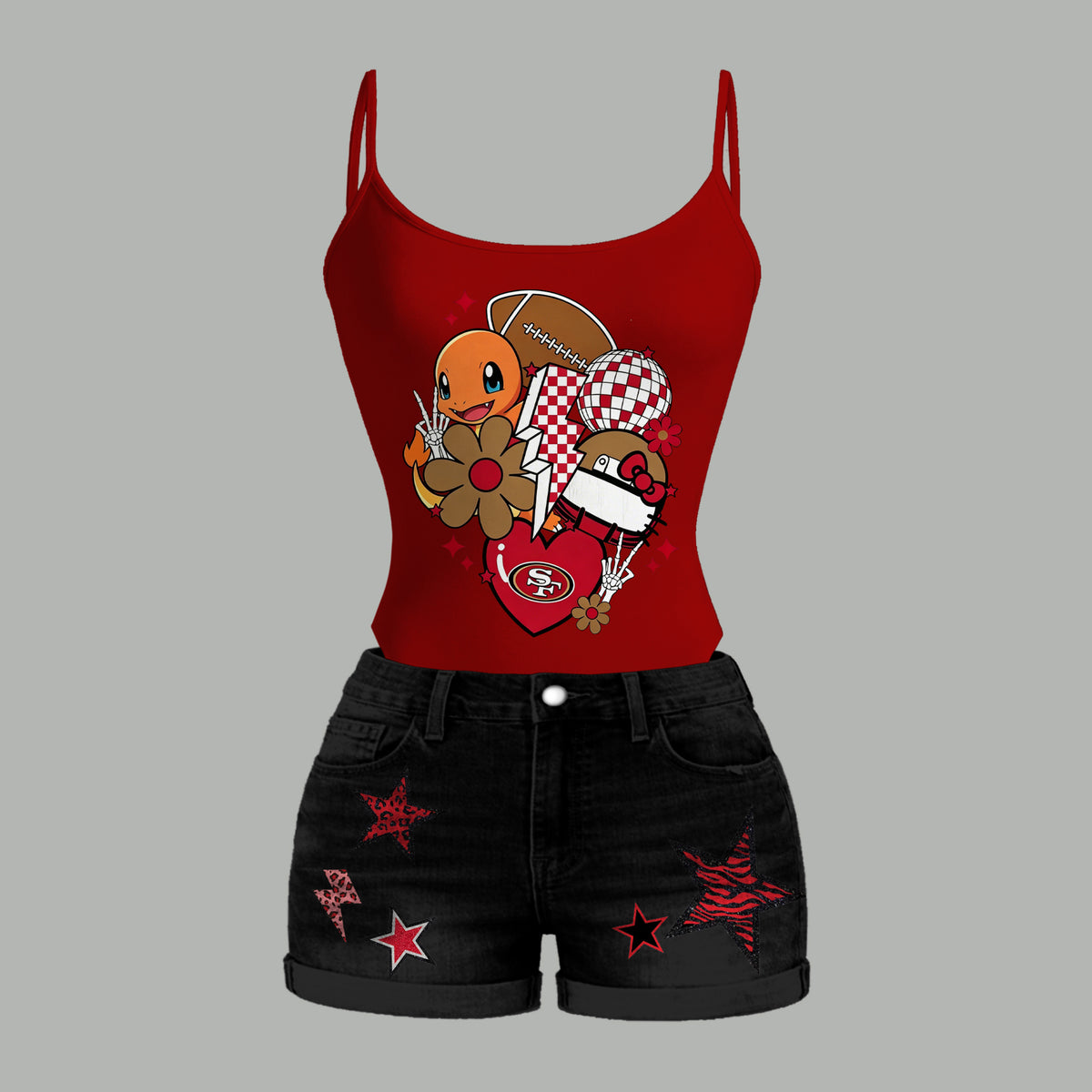 San Francisco 49ers X Pokémon Bodysuit  & Stretch Black Denim Shorts Two-Piece Set