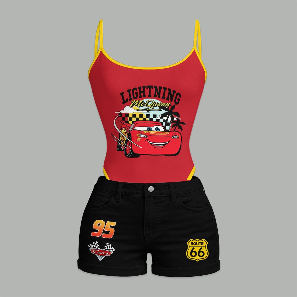Lightning McQueen Bodysuit & Stretch Denim Shorts Two-Piece Set
