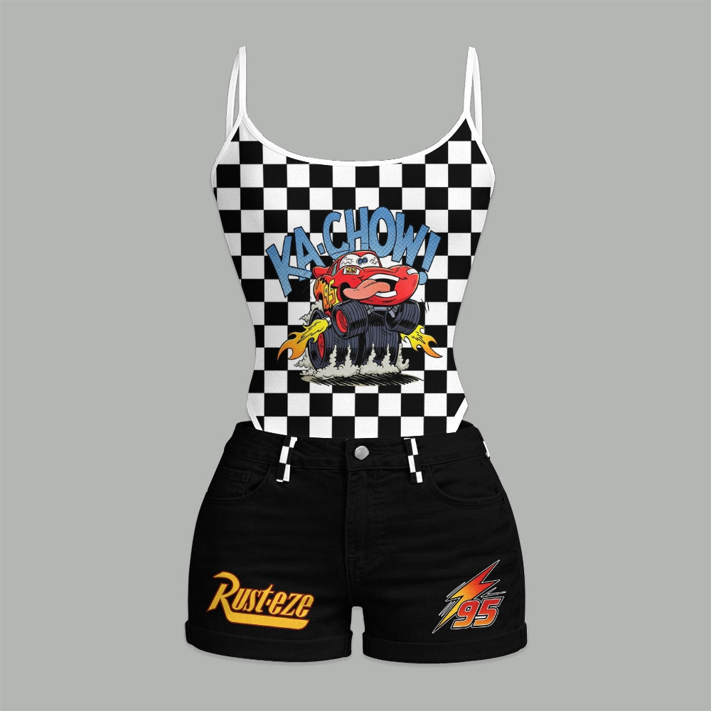 Lightning McQueen Bodysuit & Stretch Denim Shorts Two-Piece Set