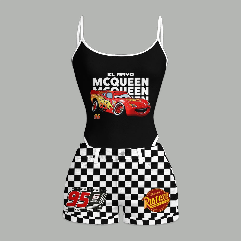 Lightning McQueen Bodysuit & Stretch Denim Shorts Two-Piece Set