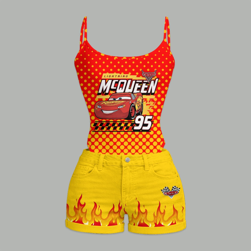 Lightning McQueen Bodysuit & Stretch Denim Shorts Two-Piece Set