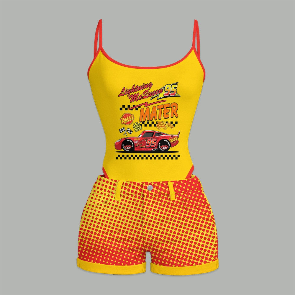 Lightning McQueen Bodysuit & Stretch Denim Shorts Two-Piece Set