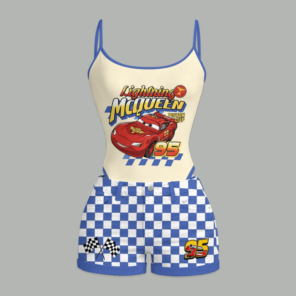 Lightning McQueen Bodysuit & Stretch Denim Shorts Two-Piece Set