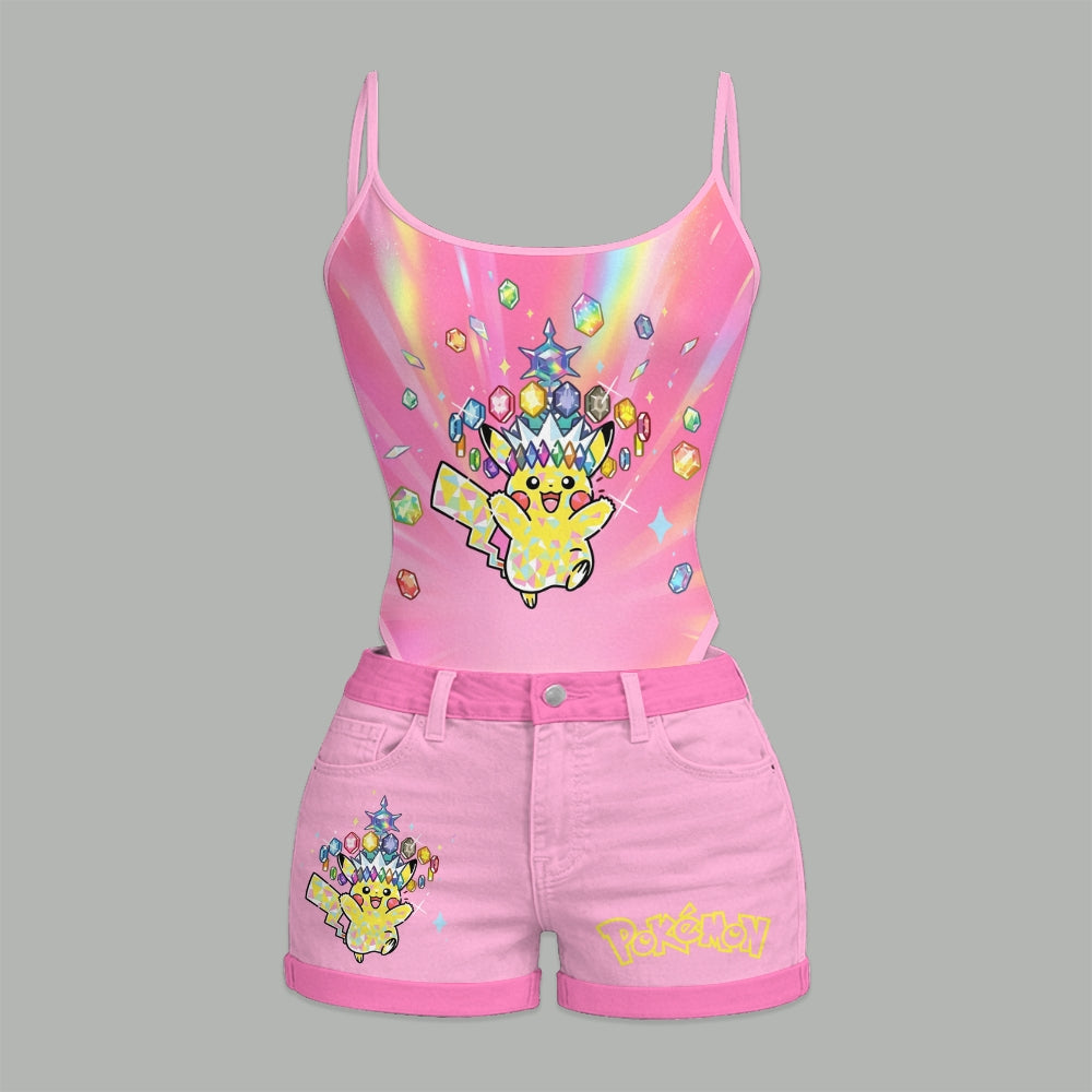 "Pokémon" Bodysuit  & Stretch Black Denim Shorts Two-Piece Set