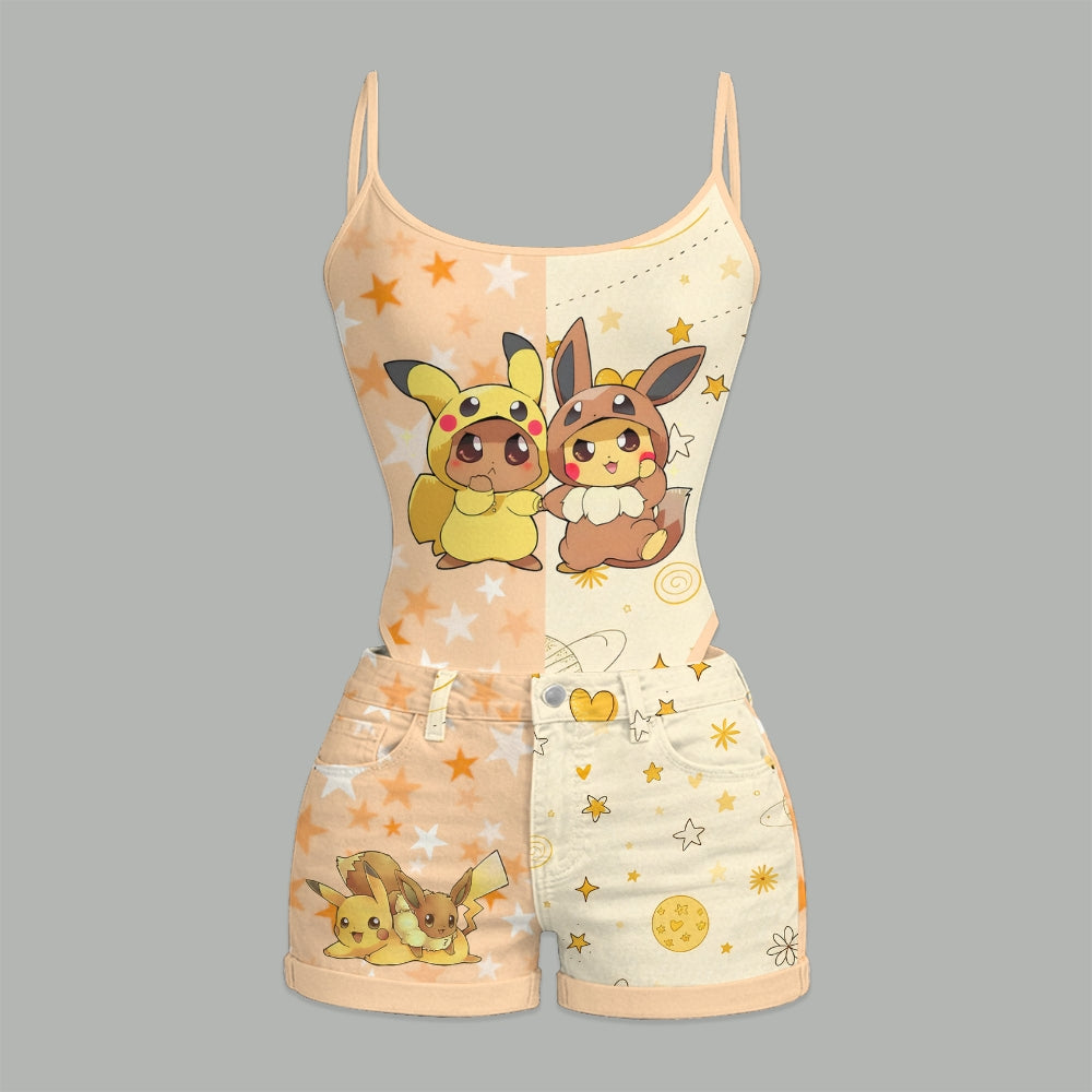 "Pokémon" Bodysuit  & Stretch Black Denim Shorts Two-Piece Set