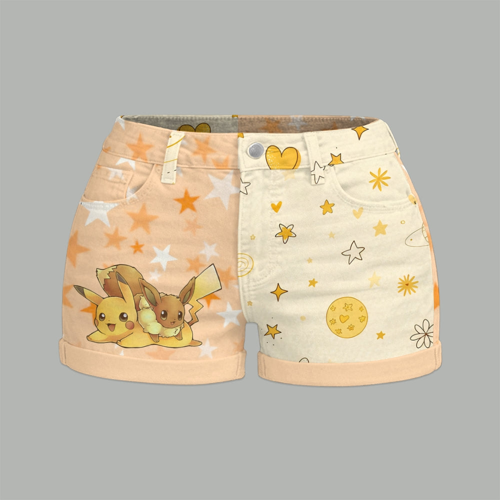 "Pokémon" Bodysuit  & Stretch Black Denim Shorts Two-Piece Set