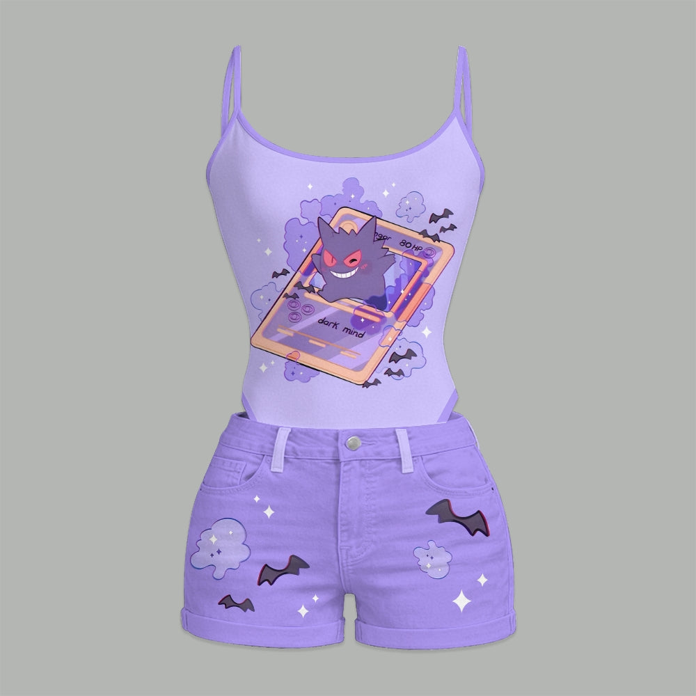"Pokémon" Bodysuit  & Stretch Black Denim Shorts Two-Piece Set