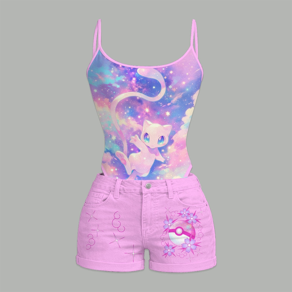 "Pokémon" Bodysuit  & Stretch Black Denim Shorts Two-Piece Set