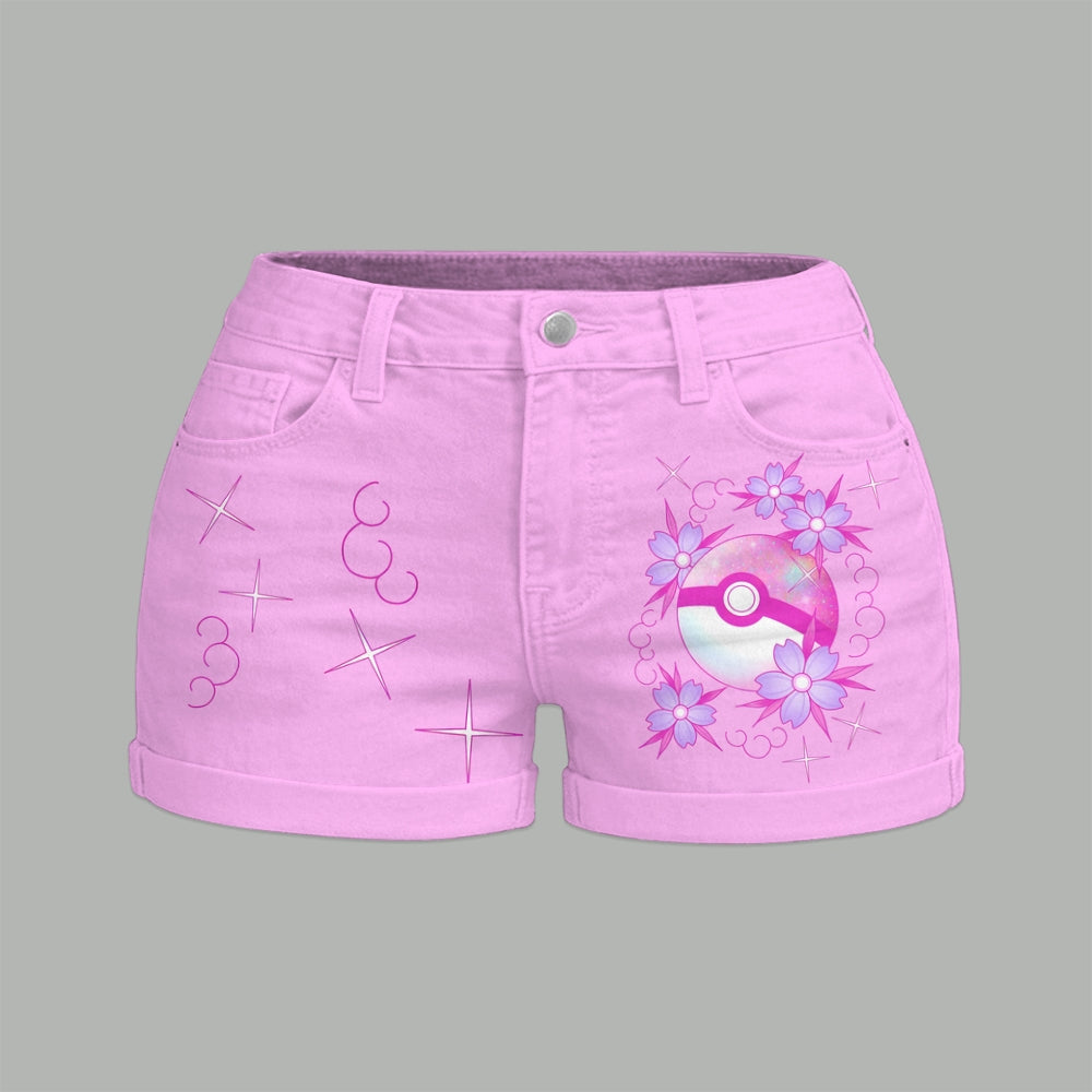 "Pokémon" Bodysuit  & Stretch Black Denim Shorts Two-Piece Set