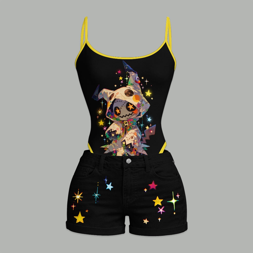 "Pokémon" Bodysuit  & Stretch Black Denim Shorts Two-Piece Set