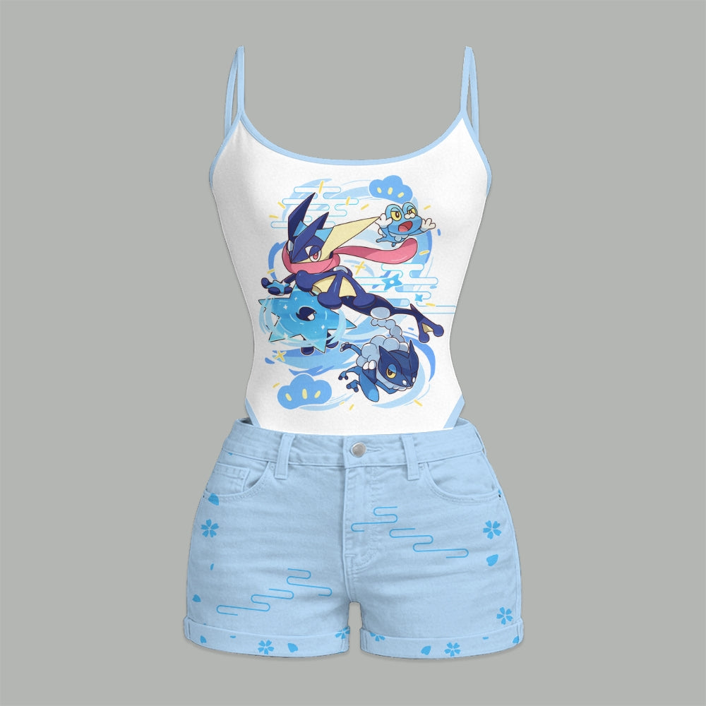 "Pokémon" Bodysuit  & Stretch Black Denim Shorts Two-Piece Set