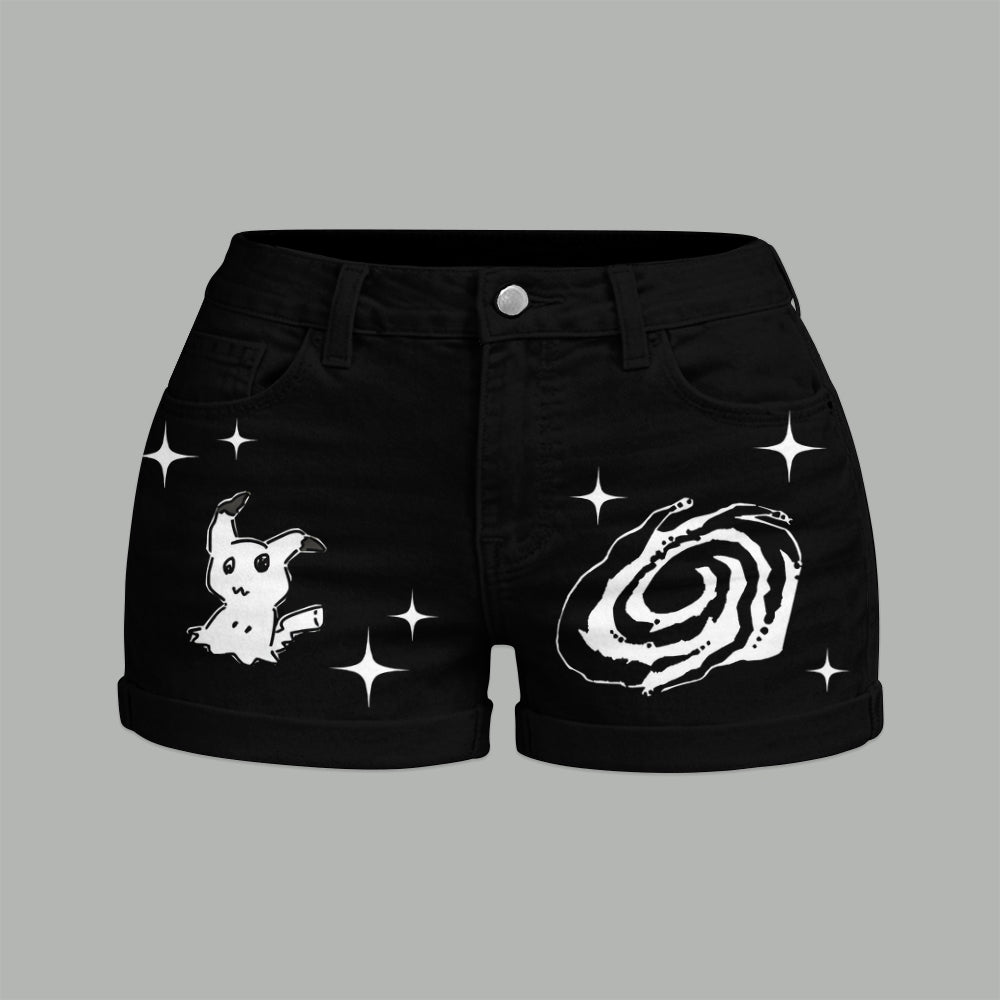 "Pokémon" Bodysuit  & Stretch Black Denim Shorts Two-Piece Set