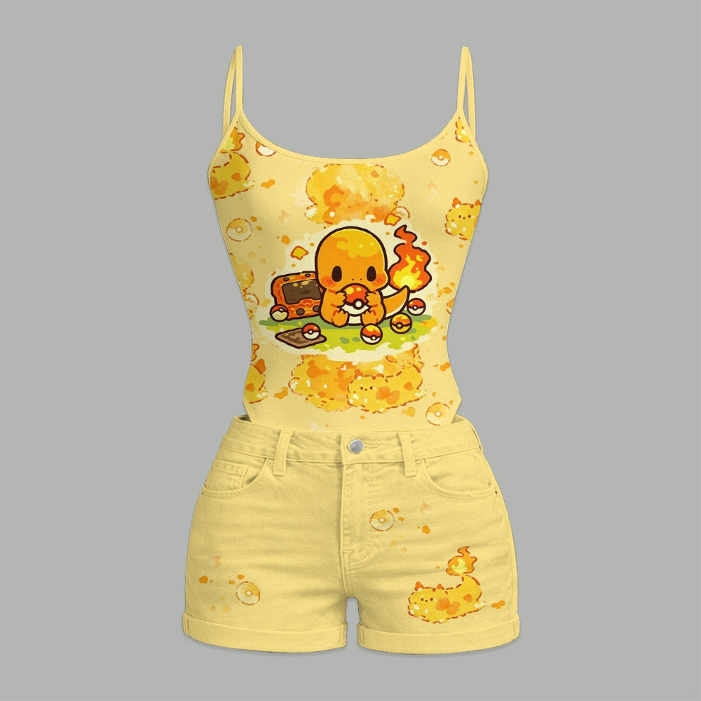 "Pokémon" Bodysuit  & Stretch Black Denim Shorts Two-Piece Set