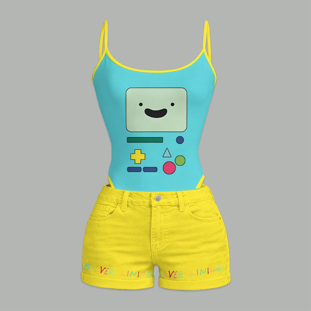 "Adventure Time" Bodysuit  & Stretch Black Denim Shorts Two-Piece Set
