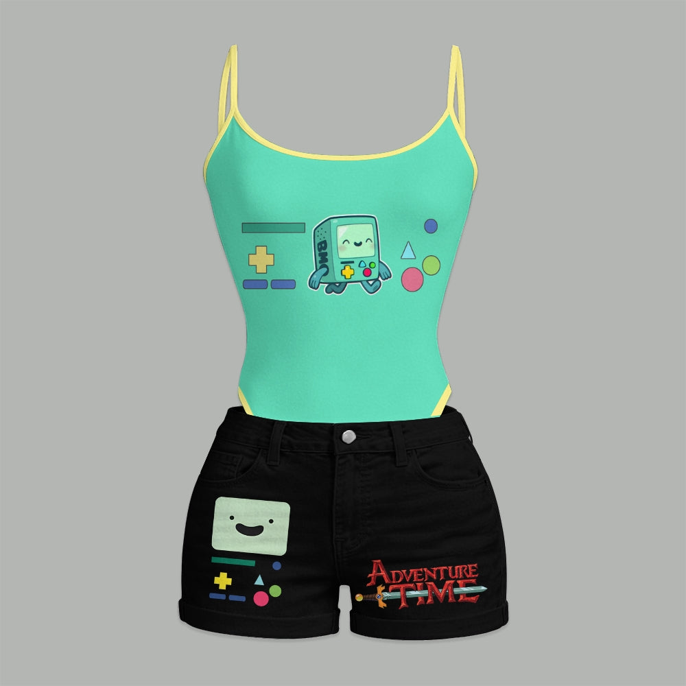 "Adventure Time" Bodysuit  & Stretch Black Denim Shorts Two-Piece Set