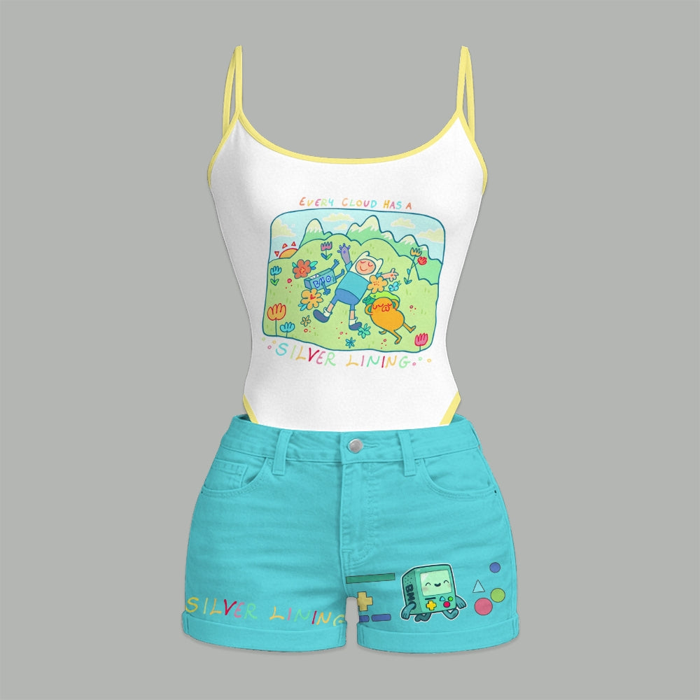 "Adventure Time" Bodysuit  & Stretch Black Denim Shorts Two-Piece Set