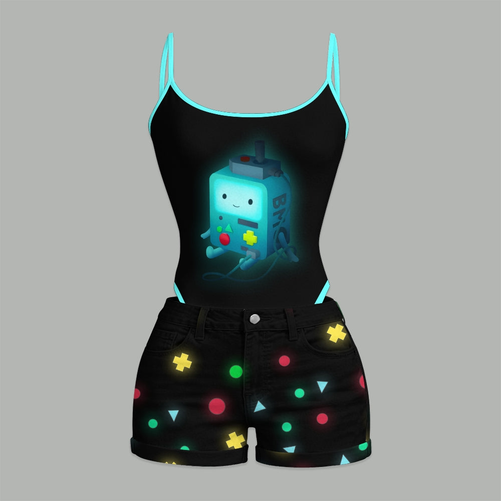 "Adventure Time" Bodysuit  & Stretch Black Denim Shorts Two-Piece Set