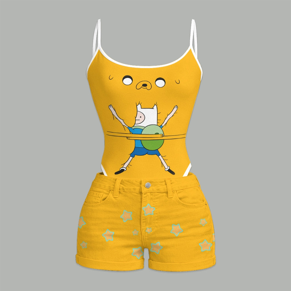 "Adventure Time" Bodysuit  & Stretch Black Denim Shorts Two-Piece Set