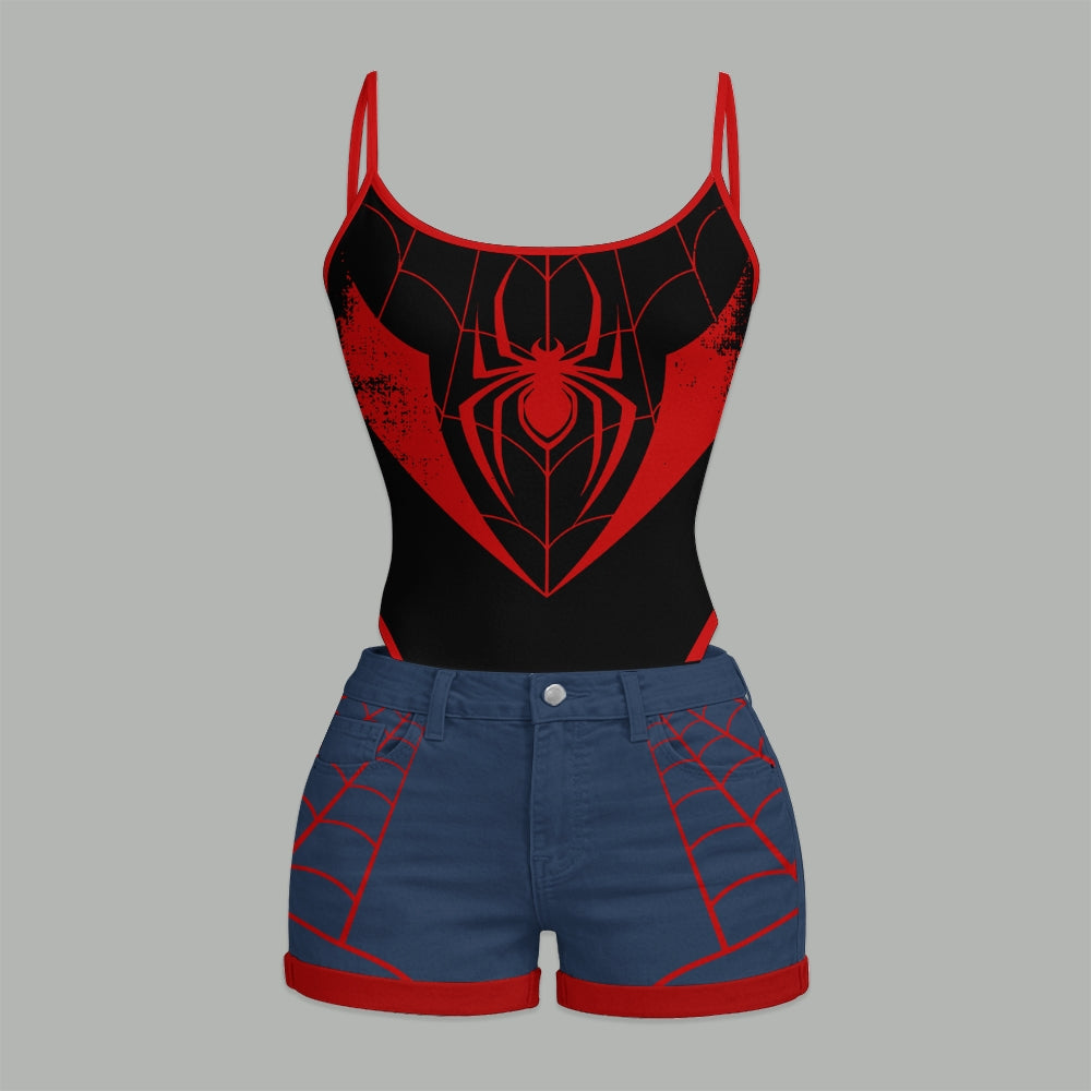 Spider-Man Bodysuit  & Stretch Black Denim Shorts Two-Piece Set