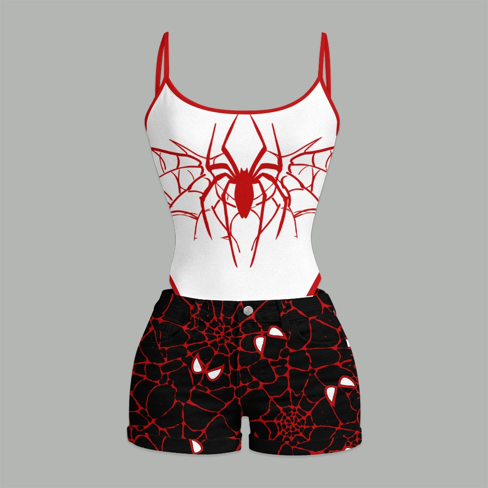 Spider-Man Bodysuit  & Stretch Black Denim Shorts Two-Piece Set