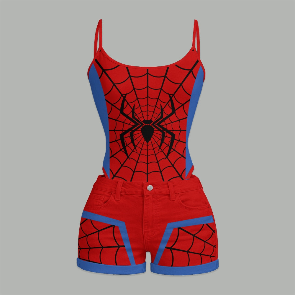 Spider-Man Bodysuit  & Stretch Black Denim Shorts Two-Piece Set