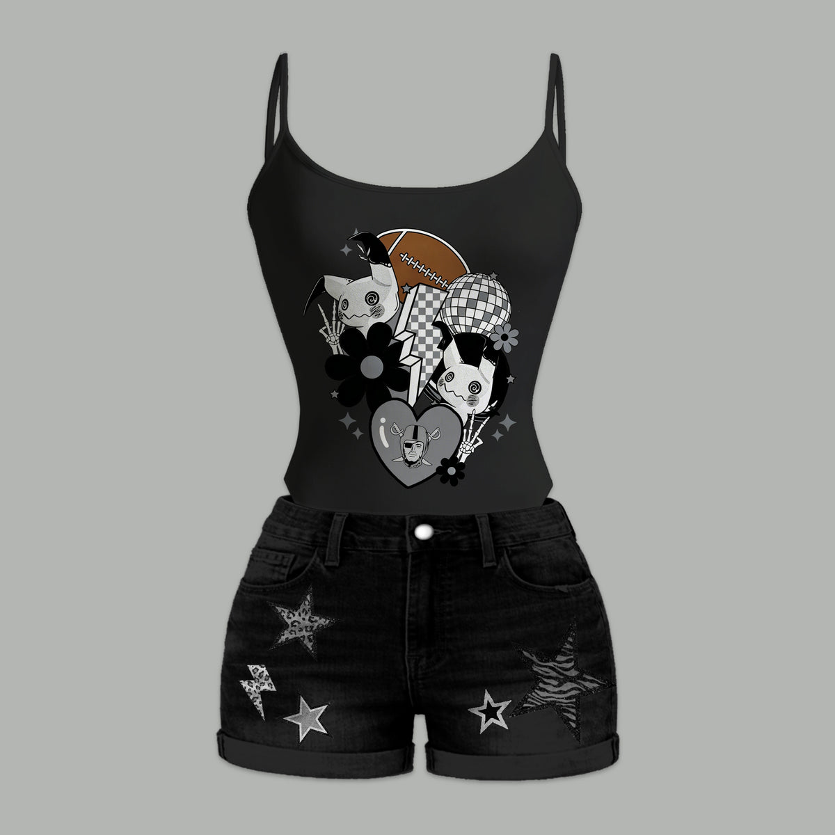 Las Vegas Raiders X Pokémon Bodysuit  & Stretch Black Denim Shorts Two-Piece Set