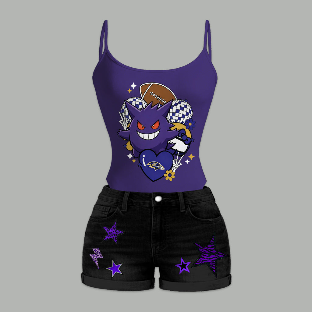 Baltimore Ravens X Pokémon Bodysuit  & Stretch Black Denim Shorts Two-Piece Set