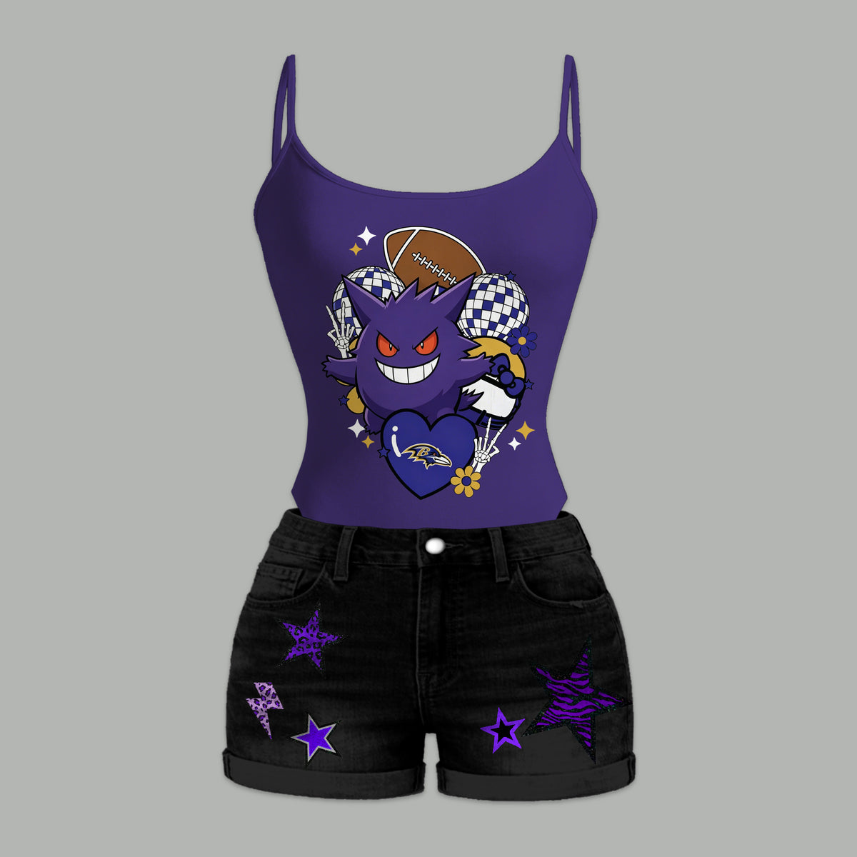 Baltimore Ravens X Pokémon Bodysuit  & Stretch Black Denim Shorts Two-Piece Set