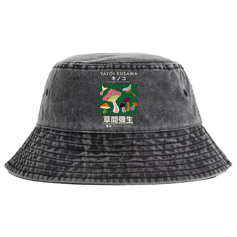 Animescollection Yayoi Kusama Spotted Mushroom Vintage Washed Bucket Hat