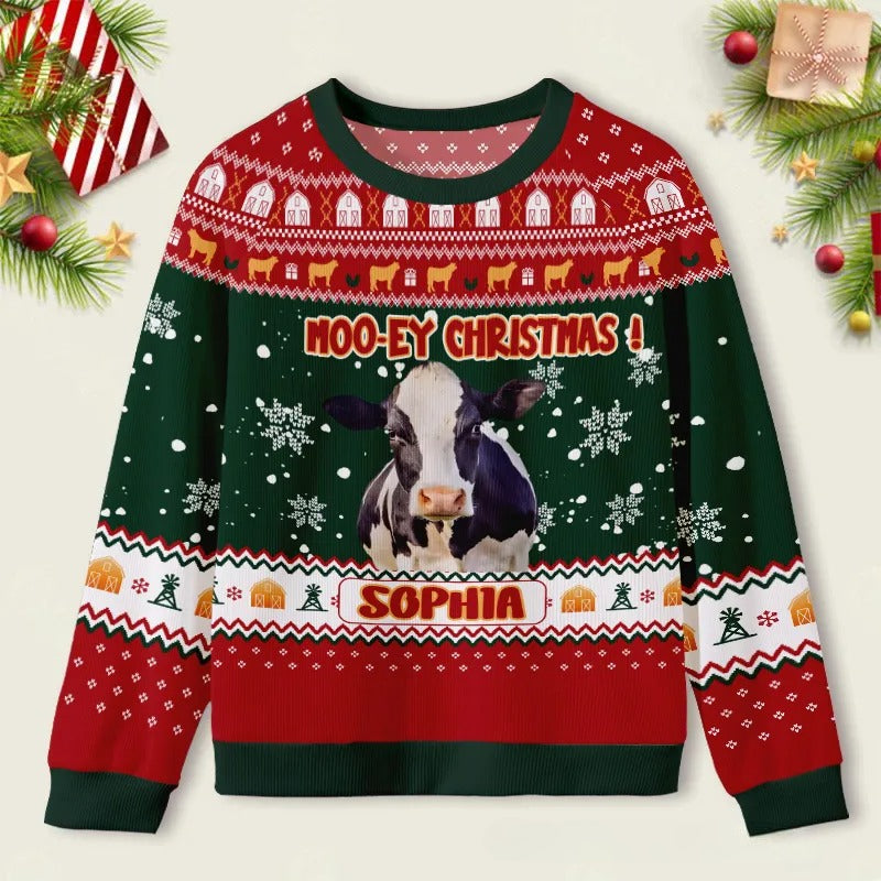 Personalized Cow with Christmas Lights Photo Kids Ugly Christmas Sweater