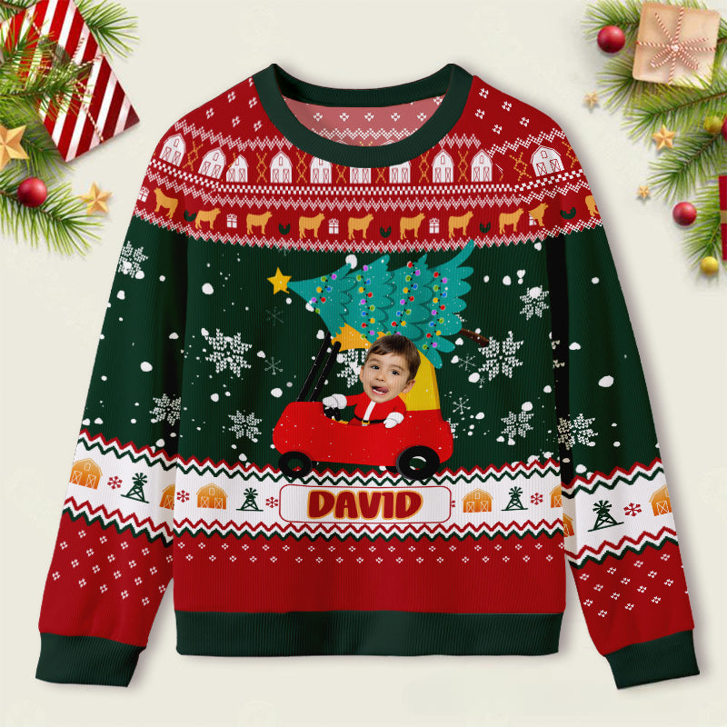 Personalized Red Car with Christmas Tree Photo Kids Ugly Christmas Sweater