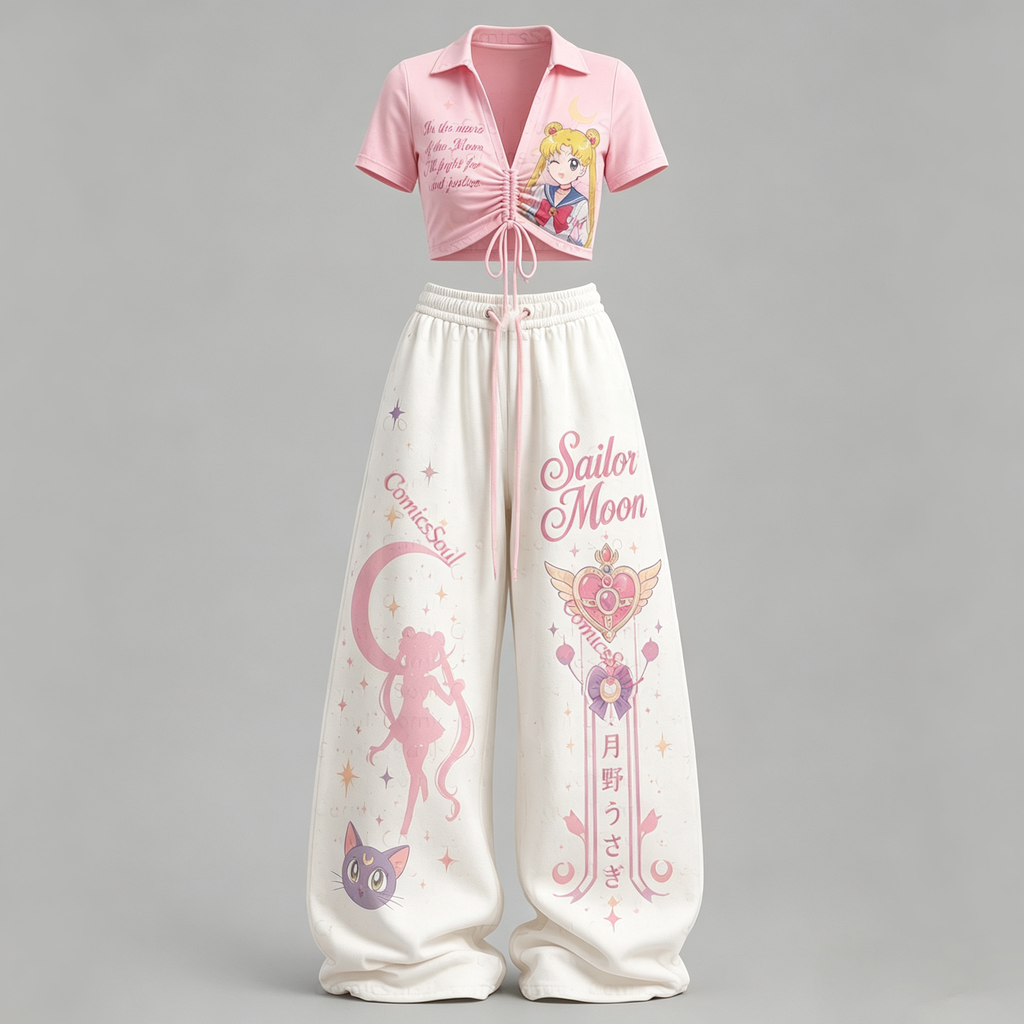 Sailor Moon Drawstring Short Sleeve Top & Long Pants Two-Piece Set