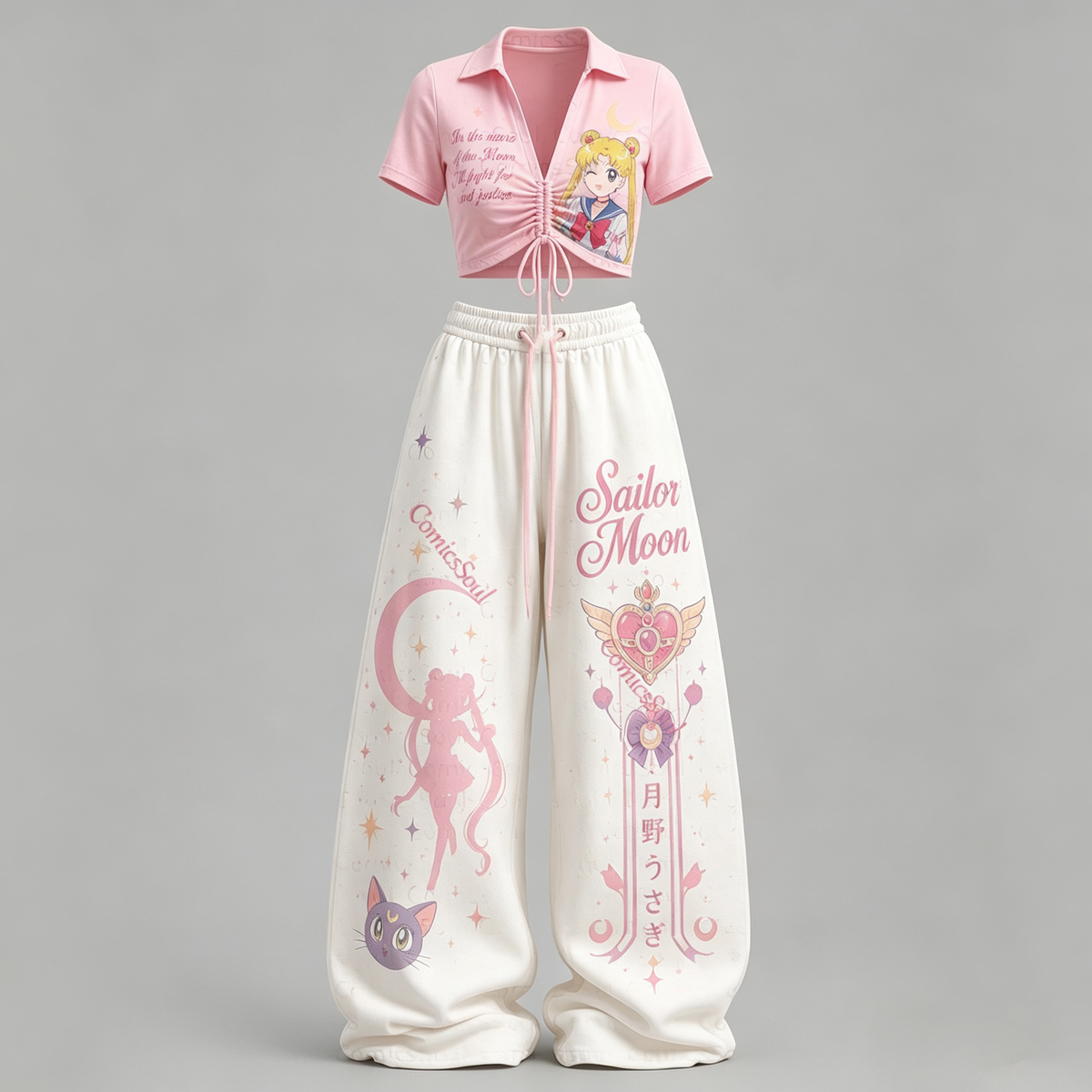 Sailor Moon Drawstring Short Sleeve Top & Long Pants Two-Piece Set