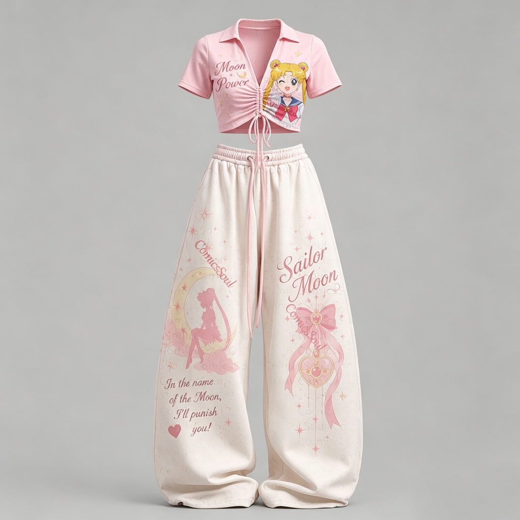 Sailor Moon Drawstring Short Sleeve Top & Long Pants Two-Piece Set