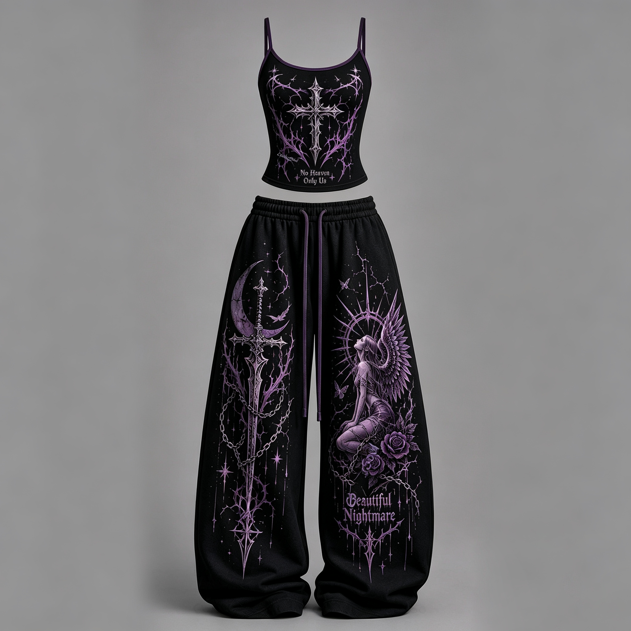 Gothic Heart Top & Elasticated Trousers Two-Piece Set