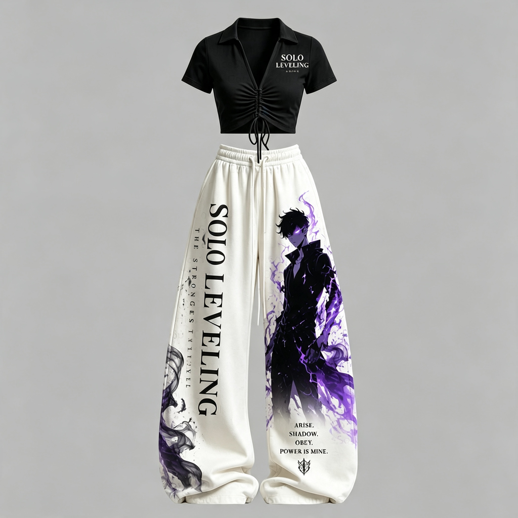 SOLO LEVELING Drawstring Short Sleeve Top & Long Pants Two-Piece Set