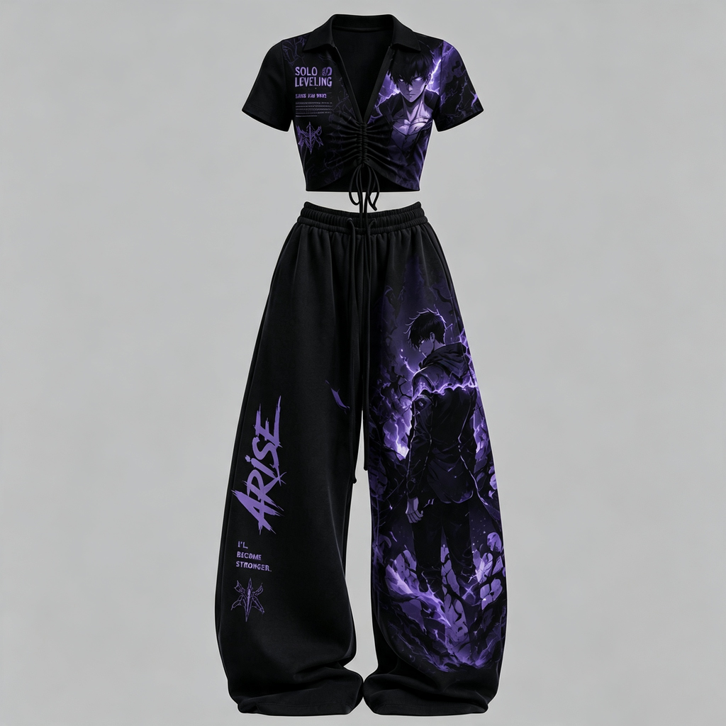 SOLO LEVELING Drawstring Short Sleeve Top & Long Pants Two-Piece Set