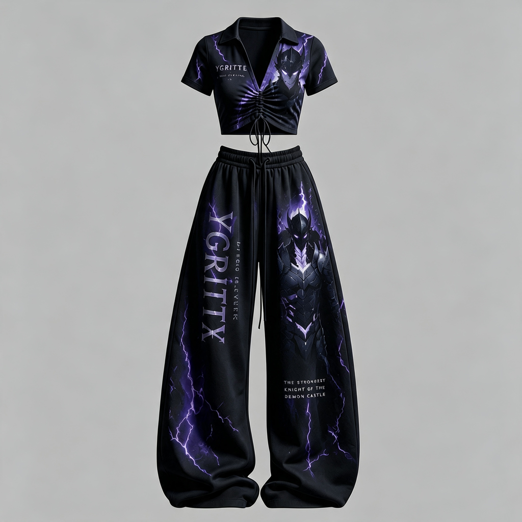 SOLO LEVELING Drawstring Short Sleeve Top & Long Pants Two-Piece Set