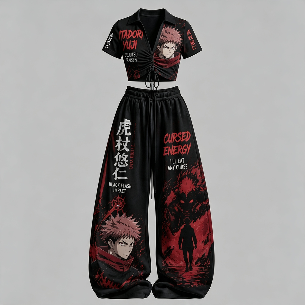 Jujutsu Kaisen Drawstring Short Sleeve Top & Long Pants Two-Piece Set