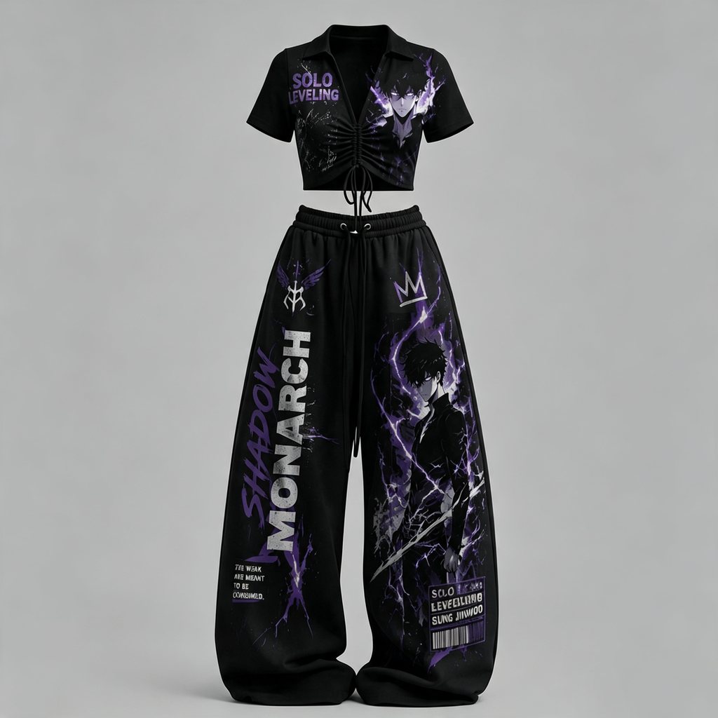 SOLO LEVELING Drawstring Short Sleeve Top & Long Pants Two-Piece Set