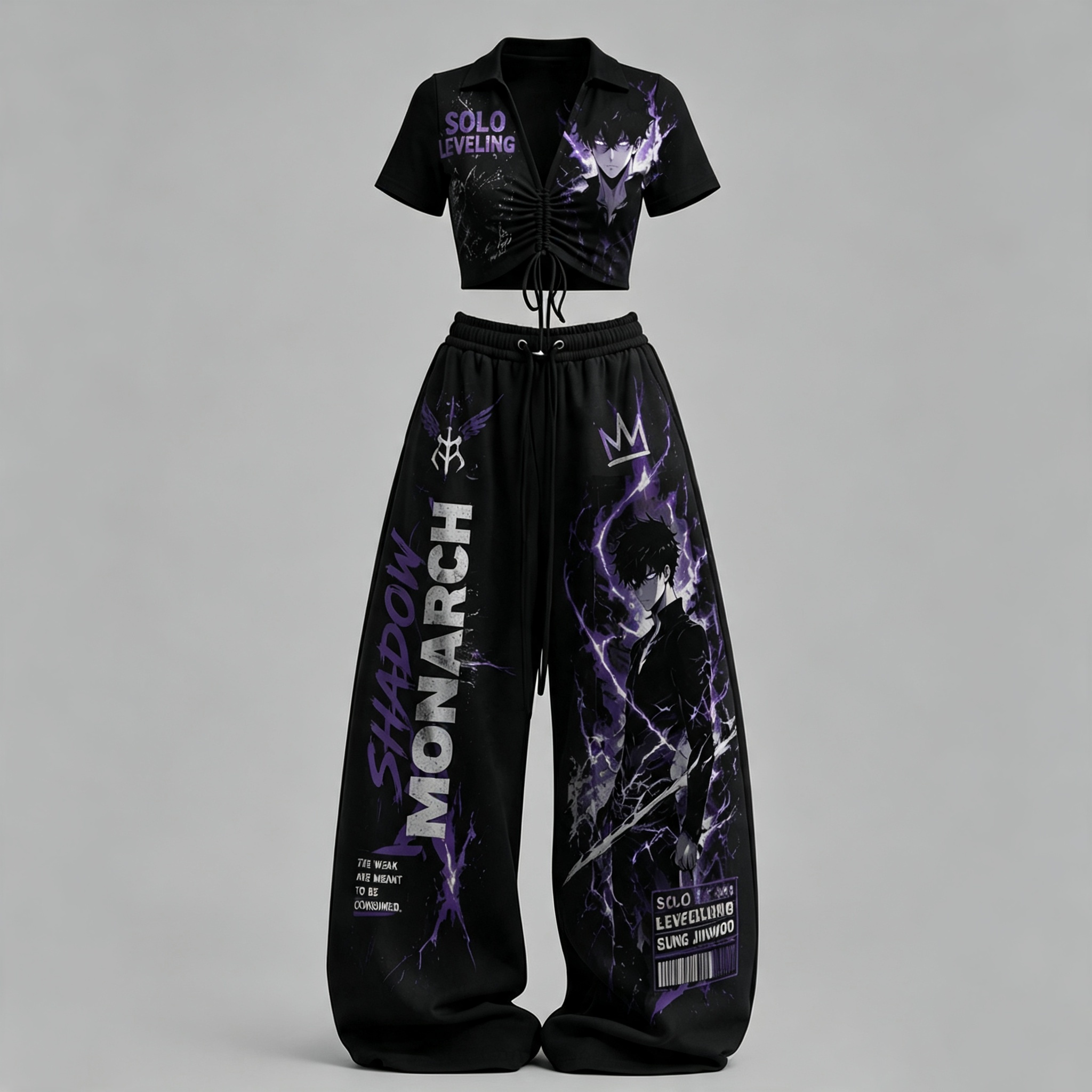 SOLO LEVELING Drawstring Short Sleeve Top & Long Pants Two-Piece Set