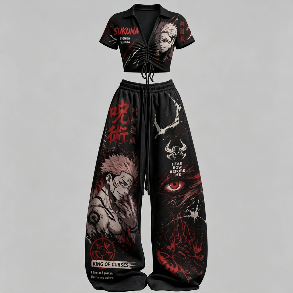 Jujutsu Kaisen Drawstring Short Sleeve Top & Long Pants Two-Piece Set
