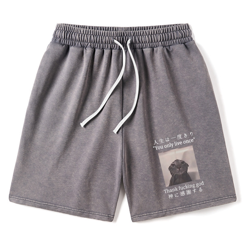 Animescollection Funny Melancholy Cat Washed Shorts