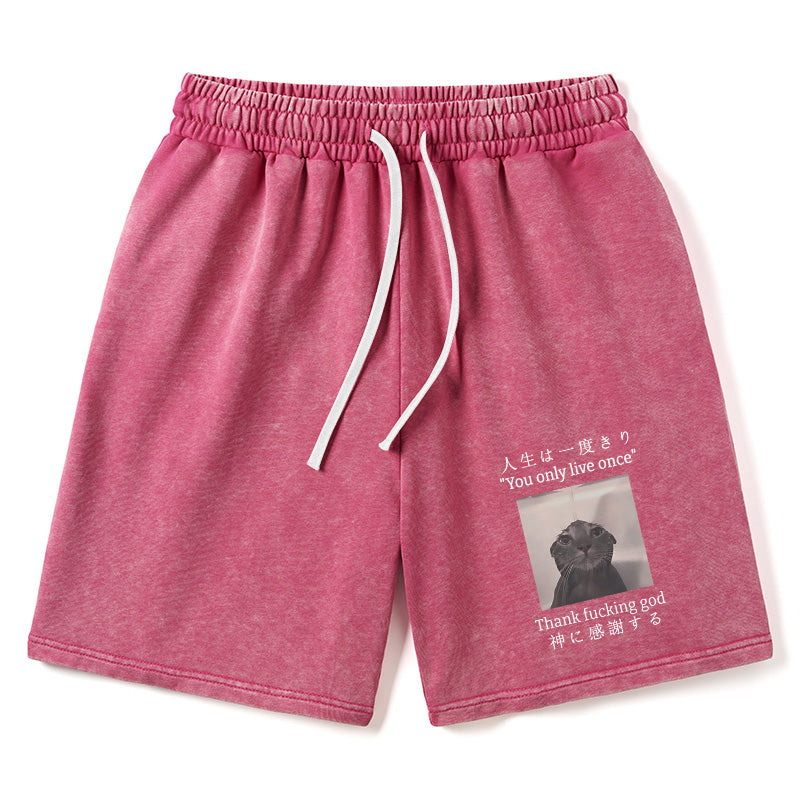 Animescollection Funny Melancholy Cat Washed Shorts