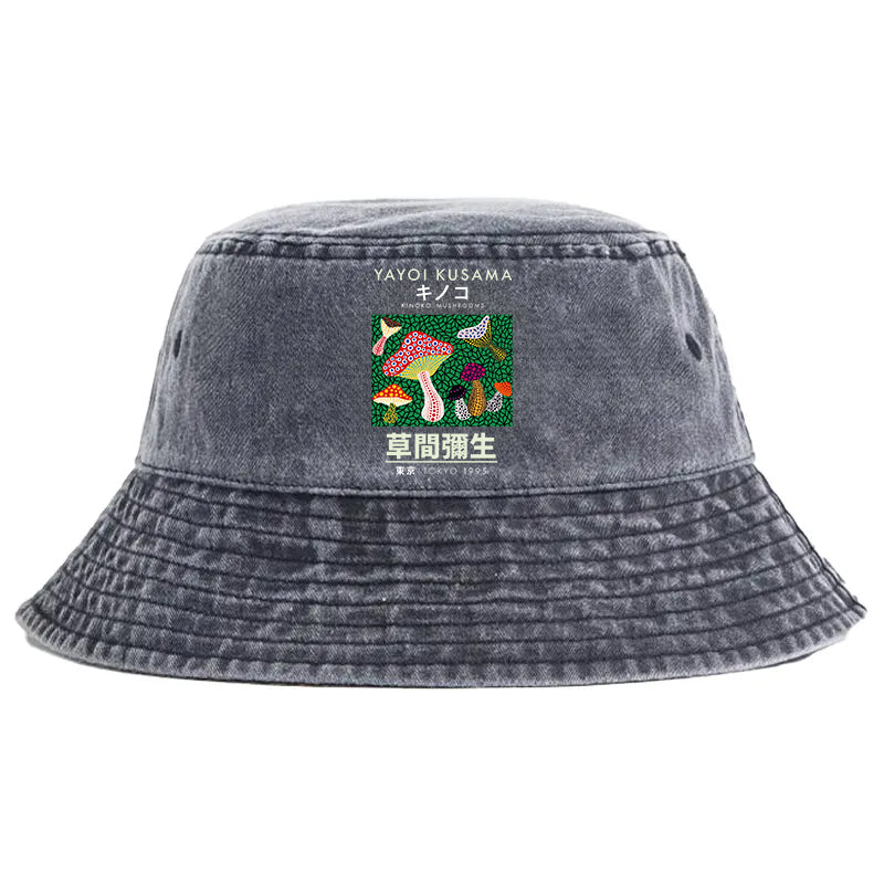 Animescollection Yayoi Kusama Spotted Mushroom Vintage Washed Bucket Hat