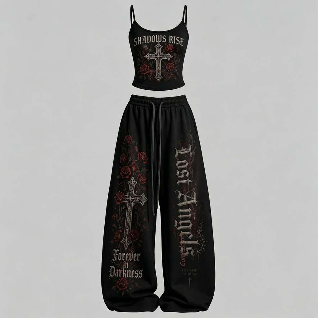 Women's Roses and Crosses Top & Elasticated Trousers Two-Piece Set