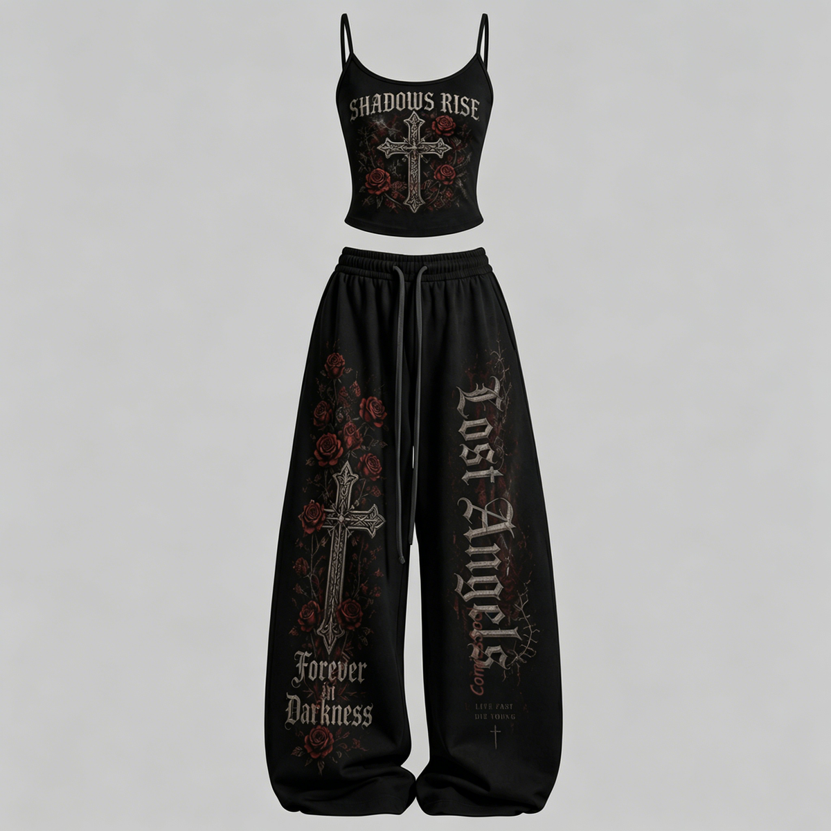 Women's Roses and Crosses Top & Elasticated Trousers Two-Piece Set