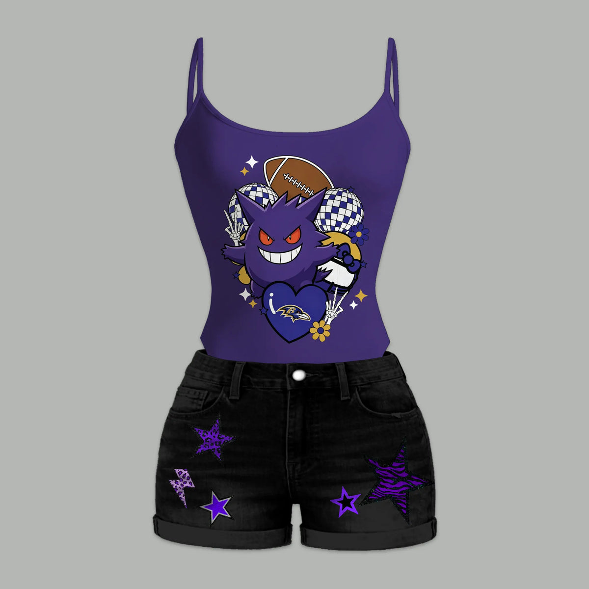 Baltimore Ravens X Pokémon Bodysuit  & Stretch Black Denim Shorts Two-Piece Set